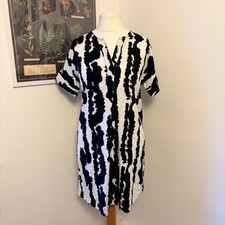M&S Linen Rich Monochrome Abstract Print Shift Dress Size 10 Regular