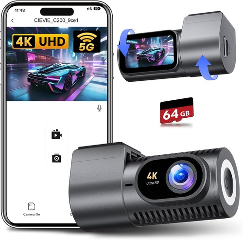 Dash Cam Front 4K - 1,5" IPS Display, 5GHz WiFi, 64G Karte, 360° Rotation Mini Dash