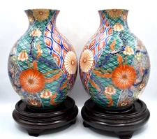 Antique Pair Of Fukagawa Koransha Japanese Meiji Hand Painted Imari Vases Japan