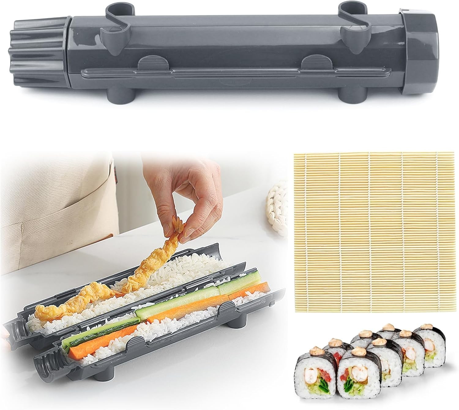 Sushi Maker Set für Anfänger mit Rolle und Bambusmatte – lebensmittelecht, leich