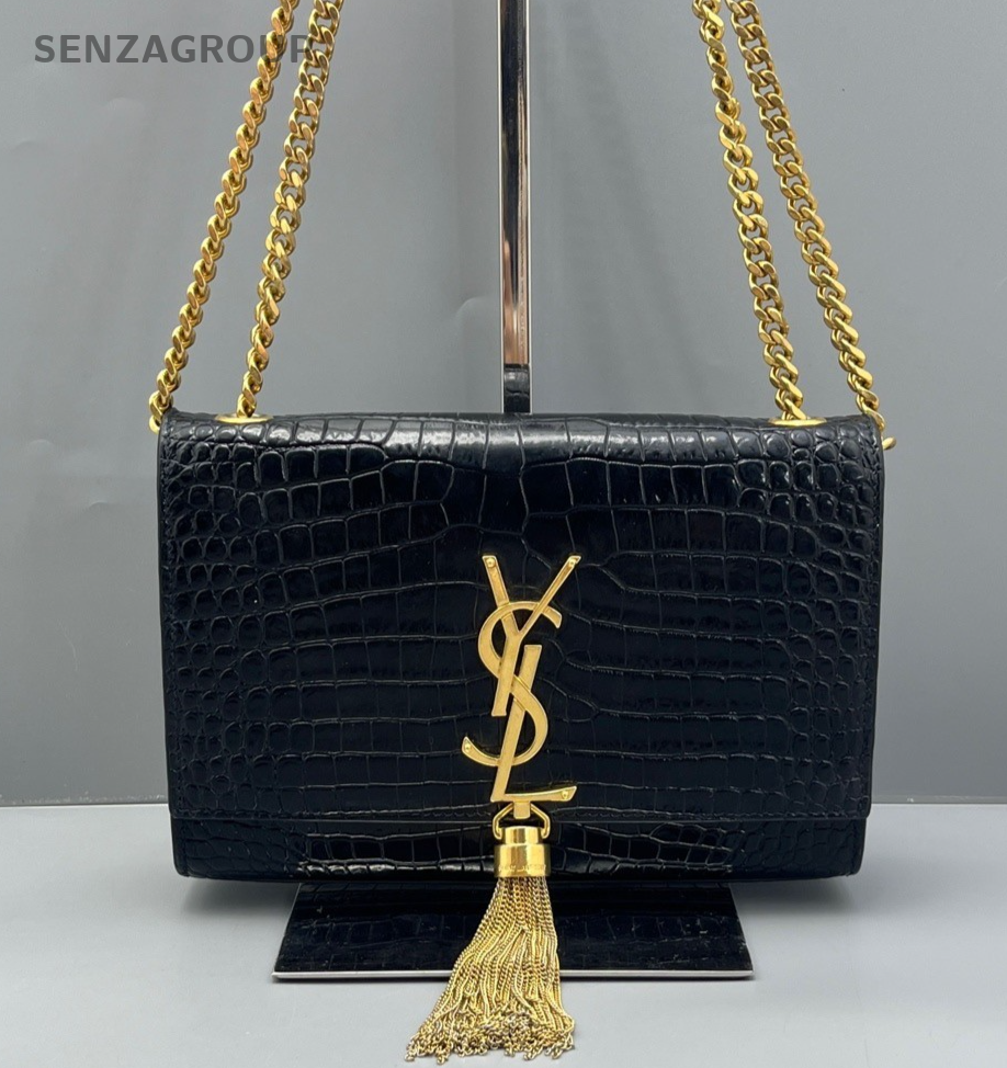 YSL Saint Laurent Kate PM Alligator pattern Chain Shoulder bag Black Gold Women
