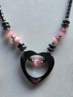 Vintage Rose Quartz Cut Out Heart Hematite Gemstone Necklace and Earrings  — photo 3