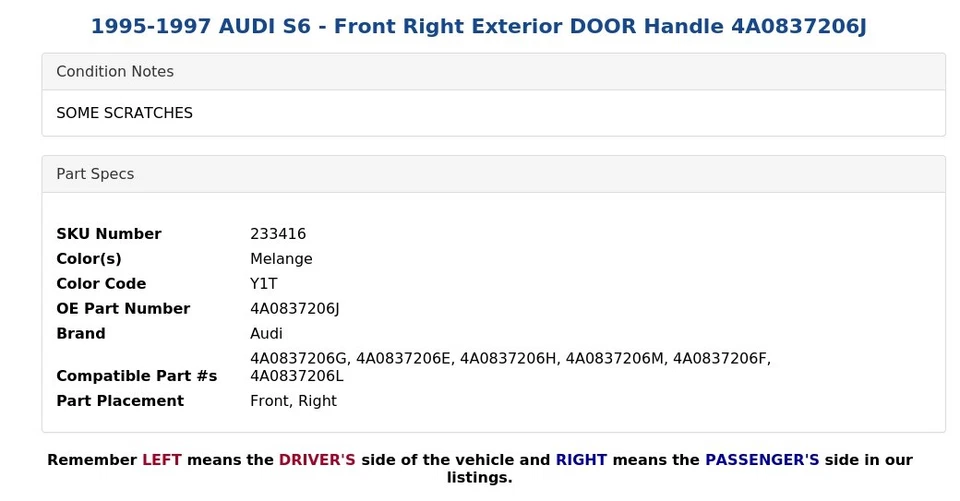AUDI S6 1995-1997 - Manija de puerta exterior delantera derecha 4A0837206J Foto 4 de 4