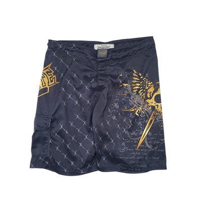 VINTAGE MMA Elite Board Shorts Mens L 36 Black Skulls Y2K Affliction Swim Trunks