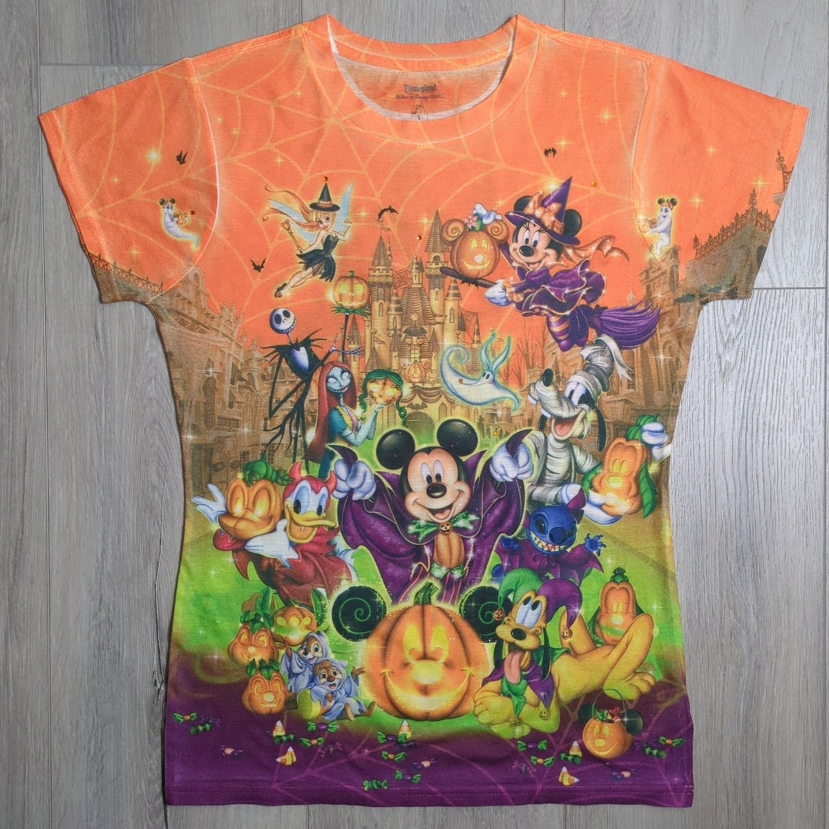 Disney Halloween Shirt Womens Large Orange Mickey Minnie Jack