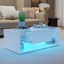 Sofatisch Wohnzimmertisch Couchtisch mit LED Beleuchtung & 1 Schubladen Weiß