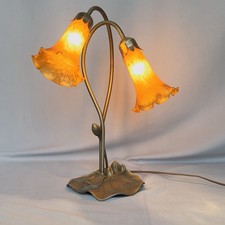 Vtg Lamp Art Nouveau Tiffany Style Pond Lily Table Lamp 2 Amber Glass Shades