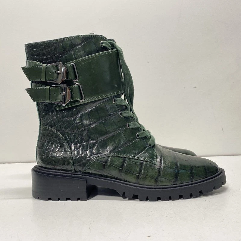Vince Camuto Men Green Croc Embossed Leather Lace Up Buckle Combat Boots 8.5 - Image 2 of 4