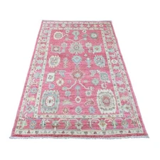 4'1"x6' Punch Pink Afghan Angora Oushak Leaf Design Hand Knotted Wool Rug R20488
