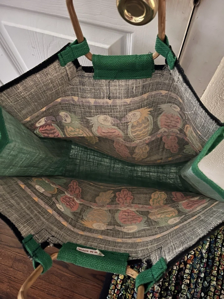 VTG Totebag Parrots Bamboo Handle Pink Green Yellow Black  Boho Grocery Bag Fun - Image 3 of 4