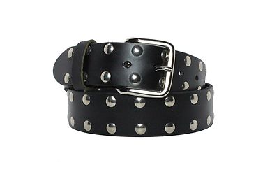 Belt 2 row round studs silver chrome black genuine leather made in