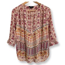 NINE WEST JEANS Boho Floral Tunic Multicolor Roll Tab 1/2 Sleeves Size Small