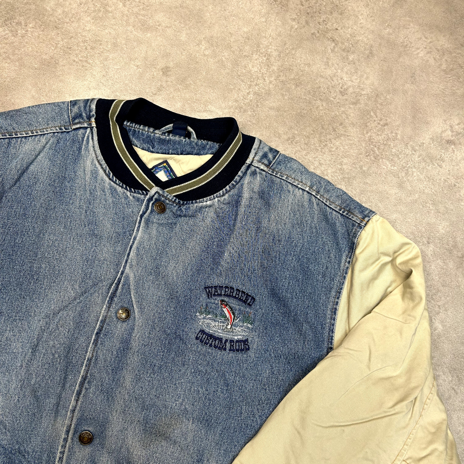 Gear For Sports Denim Bomber Jacket Mens XL Button Up Varsity Coat, Blue image 2