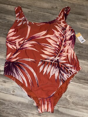 Kona Sol Swimsuit One Piece Tropical Hawaiian Print Shelf Bra Padded Palms Sz 20