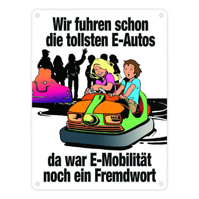 Boxauto als E-Auto Metallschild in 15x20 cm mit Spruch zu E-Mobilität in weiß