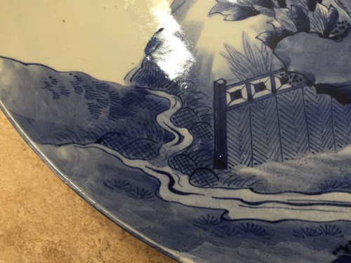 Huge Antique Arita Kajiwara Kiln Japanese Blue & White Handpainted Charger, 22" - Picture 7 of 12