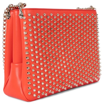 ◆Christian Louboutin ボディバッグ レッド 01030 69513 auth CHRISTIAN LOUBOUTIN coral leather TRILOUBI LARGE SPIKED
