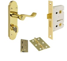 Bathroom door handle pack Brass polished Lock and Hinges included Shaped scroll
