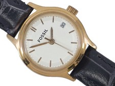 VTG FOSSIL ARCHIVAL ES3169 WHITE DIAL/DATE GOLD TONE LEATHER BAND WATCH WORKING