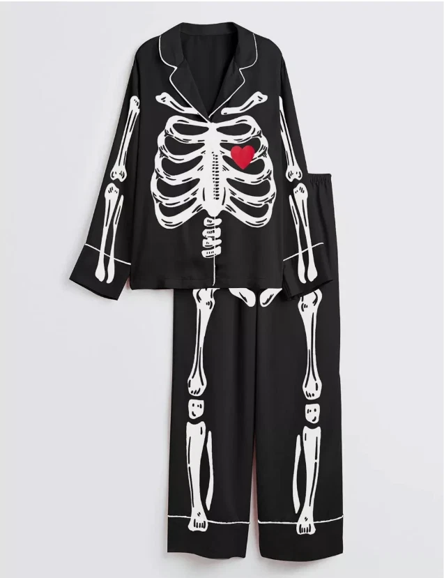 Women's Black Skeleton Long Sleeve Pajama Set