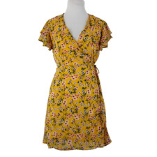 Harper Heritage Sz M Mustard Yellow Multi Floral Lined 100% Polyester Wrap Dress
