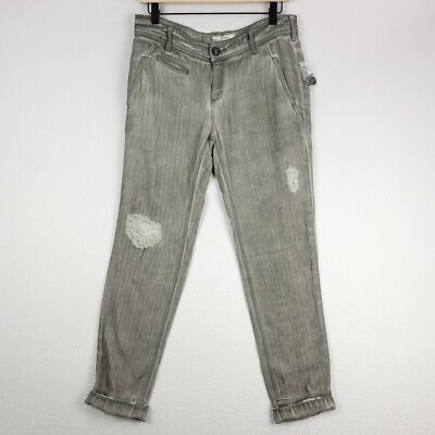 Free People Pants Womens 2 Gray Striped Linen Distressed Rolled Cuffs Pockets