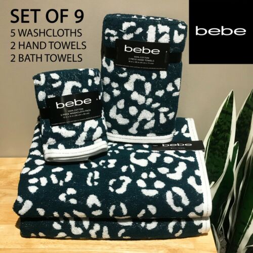 SET OF 9 New bebe Wash + Hand + Bath Towels Cotton Soft Leopard Print Deep Teal - Picture 1 of 5