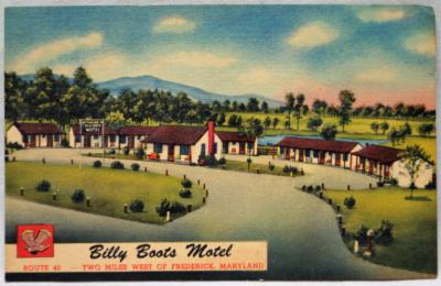 BILLY BOOTS MOTEL FREDERICK MARYLAND SOUVENIR POSTCARD 1940s VINTAGE TRAVEL