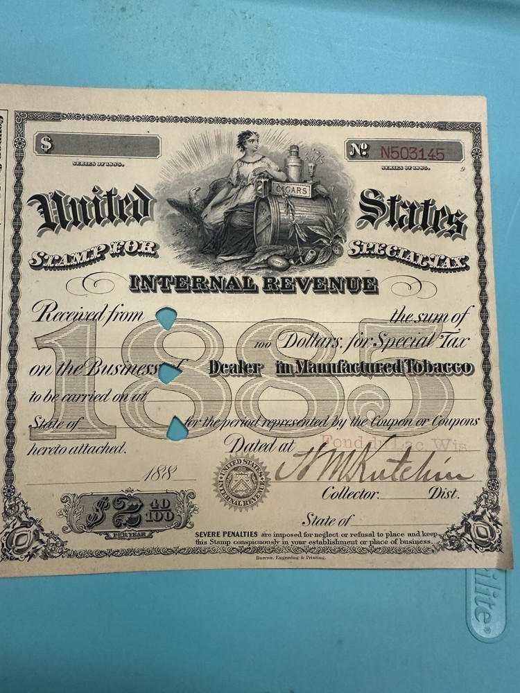 1885 U.S. SPECIAL TAX STAMP COUPON SHEET INTERNAL REVENUE MANUFACTURED TOBACCO