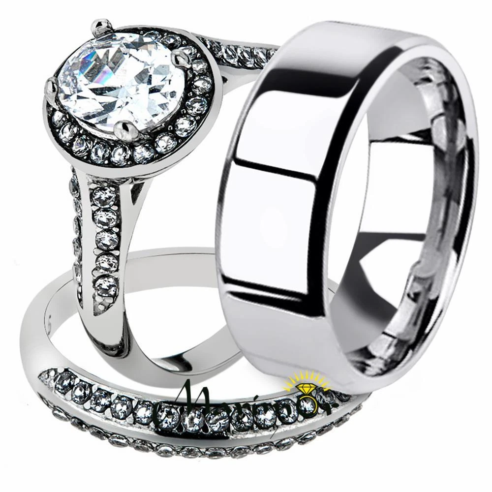 His Her Stainless Steel Halo Engagement Bridal Ring Set Men