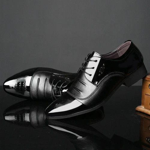 Herren Schwarz Lack Leder Smoking Anzug Schuhe Glänzend Hochzeit Ball Spleißung - Bild 10 von 16