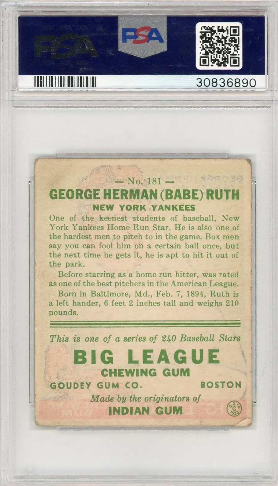1933 Goudey Babe Ruth #181 PSA 2.5 view 2