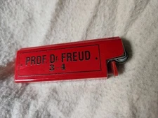 Vtg Lighter Case Metal Cover Holder Red Retro Sleeve Mini Bic Dr. Freud Psych