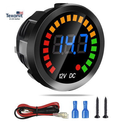 Waterproof DC 12V Voltage Meter, LED Digital Display Voltmeter Gauge Panel, roun
