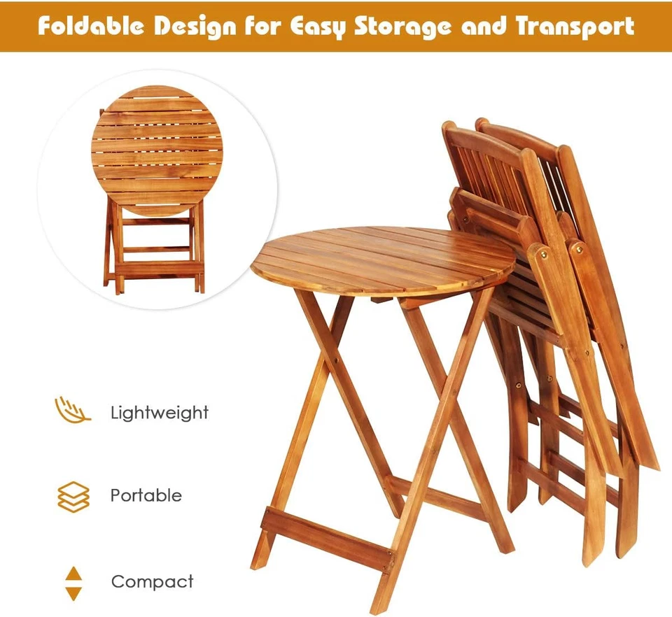 Giantex Juego de 3 Piezas Patio Bistro, Juego de Mesa Plegable de Madera, 2 Sillas Acolchadas para Ga Foto 3 de 4