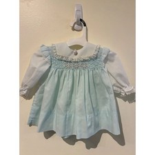Polly Flinders Hand Smocked Infant Dress Blue Pink Floral Lace Trim 3-9 Months