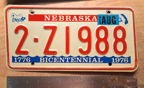 License Plate, Nebraska, 1976 Bicentennial, 2 Z 1988, Native American Chief
