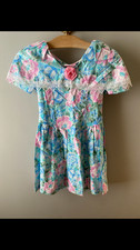 Vintage 80s Girls Floral Party Dress Size 7 Retro lace bib