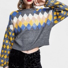 Zara Sequin Argyle Sweater size L no returns