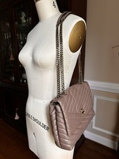 Tory Burch Kira Chevron Taupe Leather Convertible Crossbody Medium Shoulder Bag