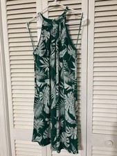 Tahari Green White Tropical Floral Pleated Halter Sleeveless Shift Dress S