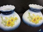 Pair Vintage Hand Painted Milk Glass Lamp Shades Blue Edge Yellow Flowers