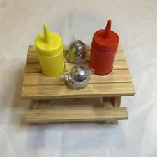 Wooden Mini Picnic Condiments Table Mustard Ketchup Bottles Salt & Pepper Shaker