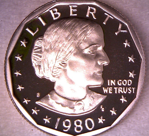 1980 S SBA $1 Proof Susan B. Anthony dollar with “LIBERTY” and “IN GOD WE TRUST” text, encircled by thirteen stars.