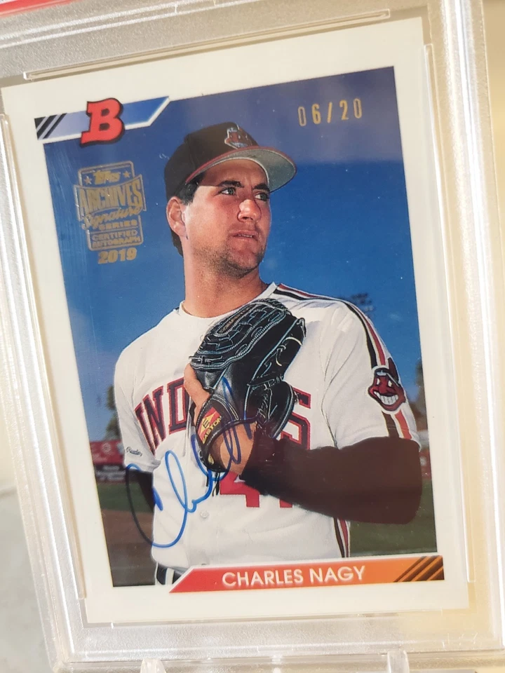 Tarjeta de radiocontrol autógrafa Bowman 2019 Topps Archives Auto Charles Nagy #/20 1992 PSA 9 Foto 2 de 3
