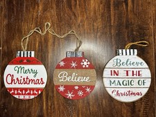 Wood Christmas Ornaments Set of 3 Rustic Farmhouse Style Holiday Decor 5  
