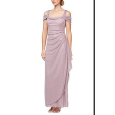 Alex Evenings Mauve Sparkle Ruched Off Shoulder Gown Formal Evening Dress 16