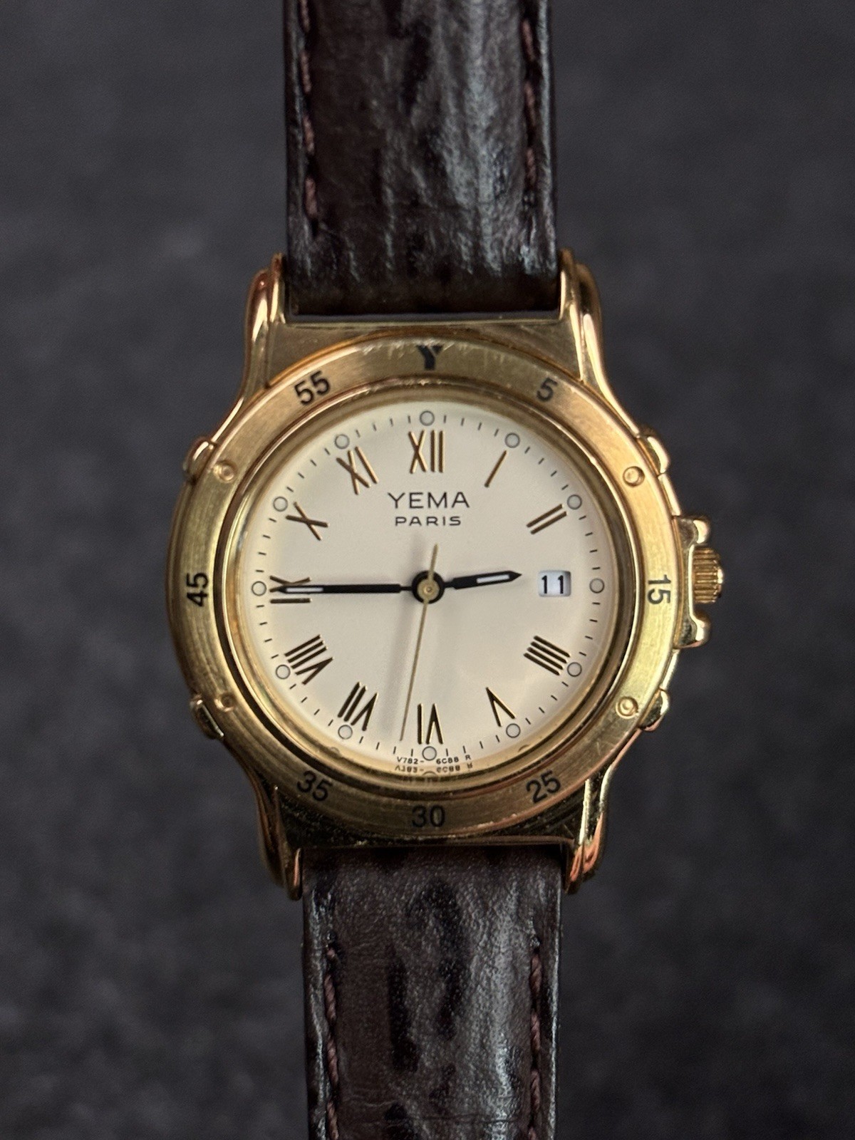 YEMA PARIS YE244 V782 Vintage Quartz Watch Ivory Dial Gold Tone Leather Band
