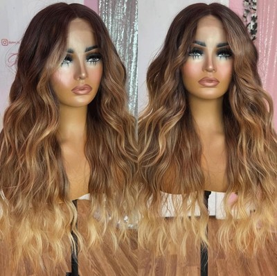 HD Lace Front Wig Human Hair Blend Highlights  Waves Honey BROWN Blonde Ombre