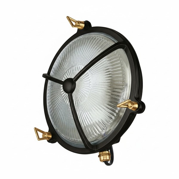 Kellerlampe Wandleuchte AußEnleuchte Messing Glas E27 IP64 Rund D: 21 Cm Schwarz-image